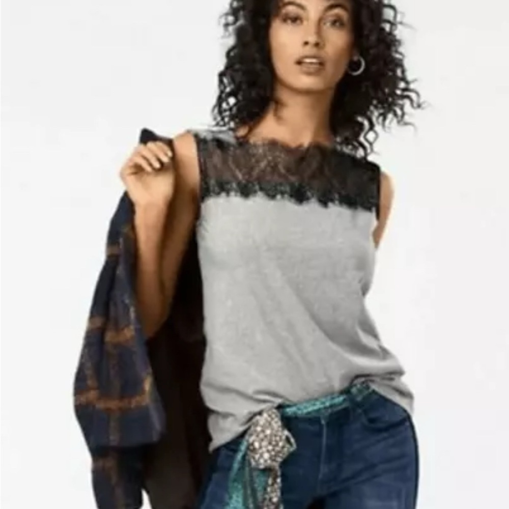 CAbi Gray Lace Trim Sleeveless Tee